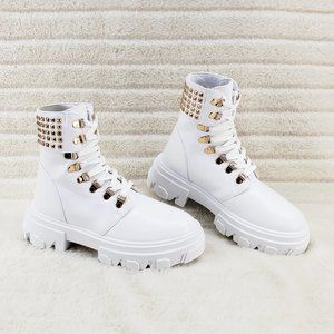 Brand New Deploy White V Leather Golden Stud Fashion Military Combat Ankle Boots
